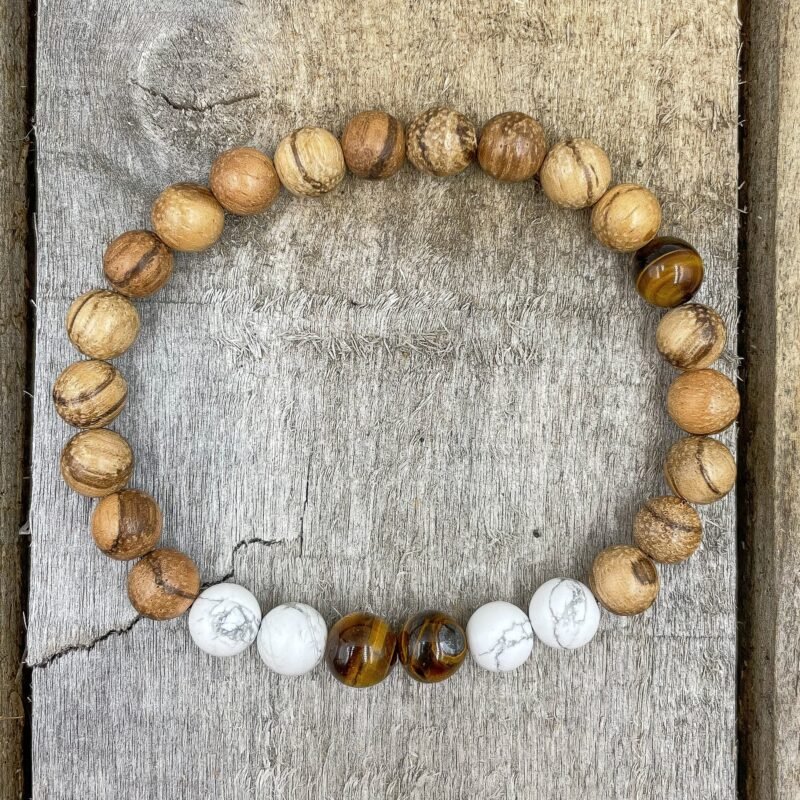 Central - Tigers Eye, White Howlite, & Sandalwood Mala Beaded Bracelet - Image 4