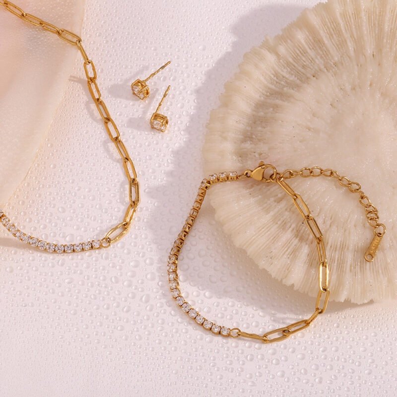 18K gold noble luxury inlaid zircon splicing paper clip chain design necklace bracelet earrings set - Image 2