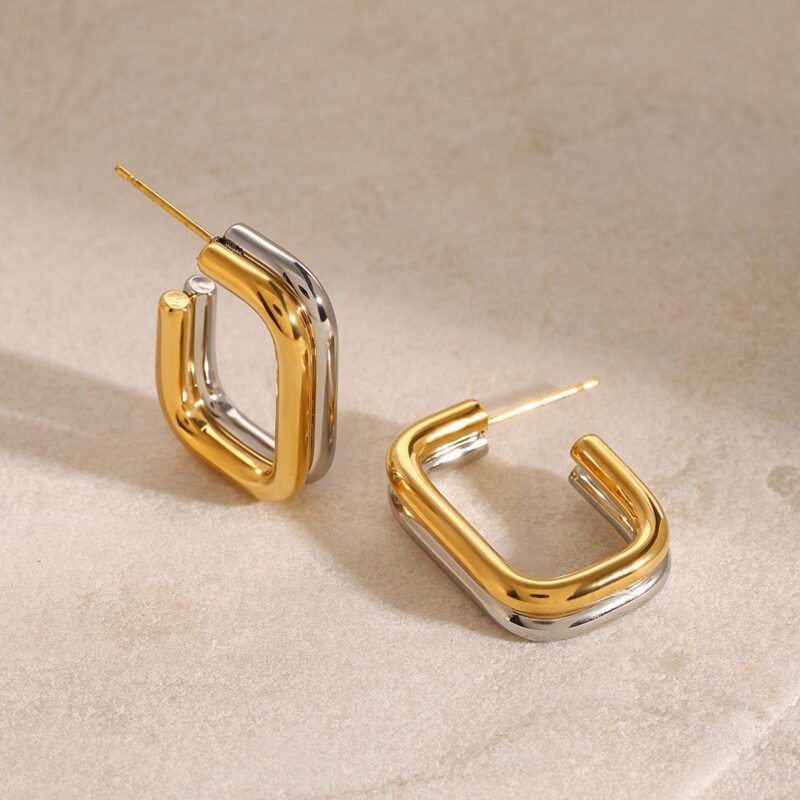 18K gold double-layer geometric earrings with gold and silver contrast design - Image 2