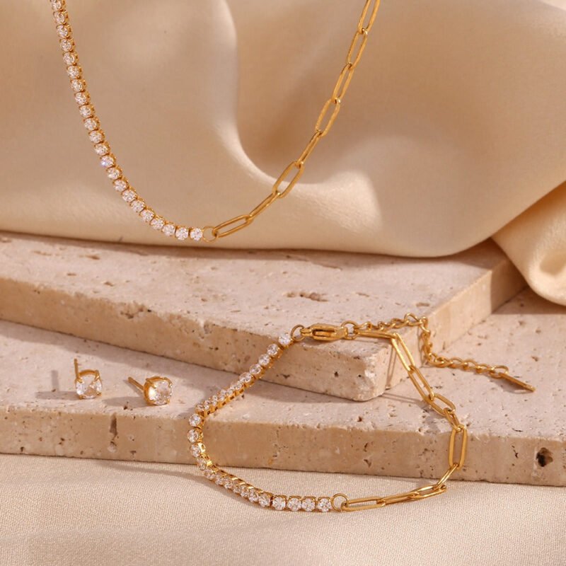 18K gold noble luxury inlaid zircon splicing paper clip chain design necklace bracelet earrings set