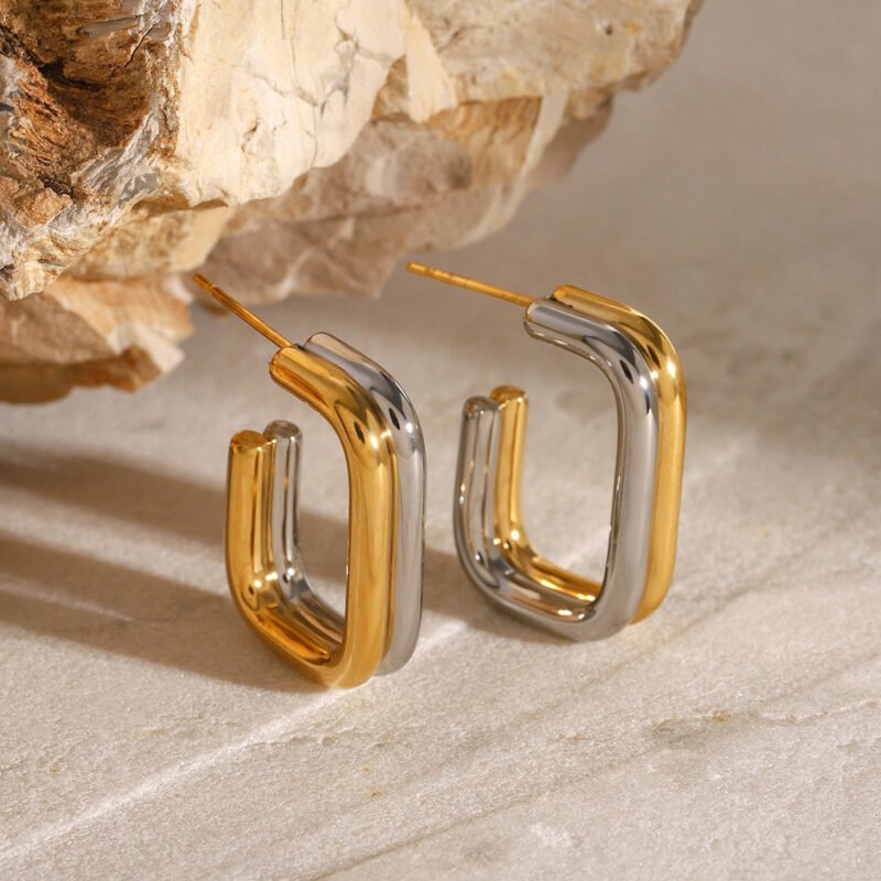 18K gold double-layer geometric earrings with gold and silver contrast design