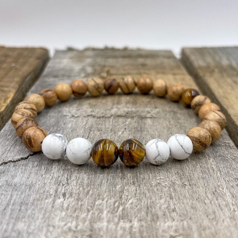 Central - Tigers Eye, White Howlite, & Sandalwood Mala Beaded Bracelet - Image 3
