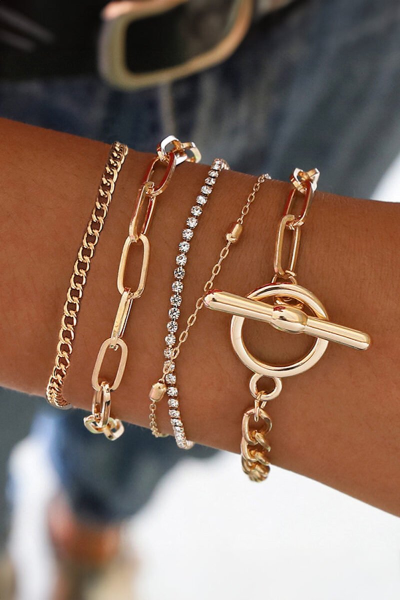 Gold Multi Layered Rhinestone Plated Chain Bracelet Set - Image 3