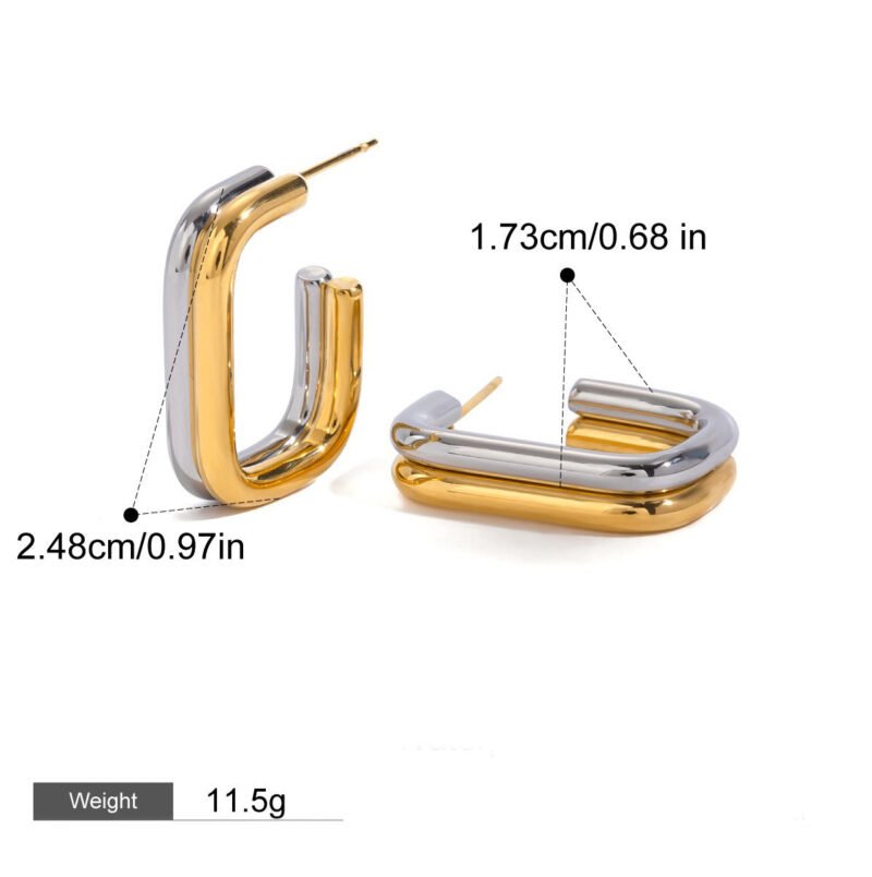 18K gold double-layer geometric earrings with gold and silver contrast design - Image 3