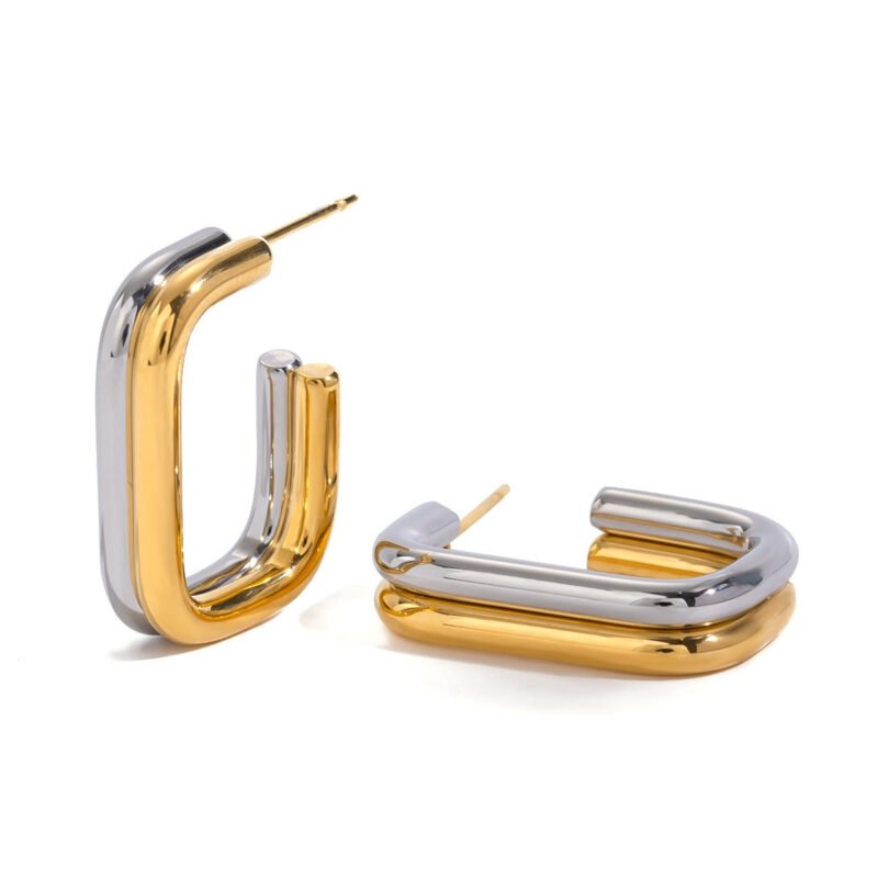 18K gold double-layer geometric earrings with gold and silver contrast design - Image 4