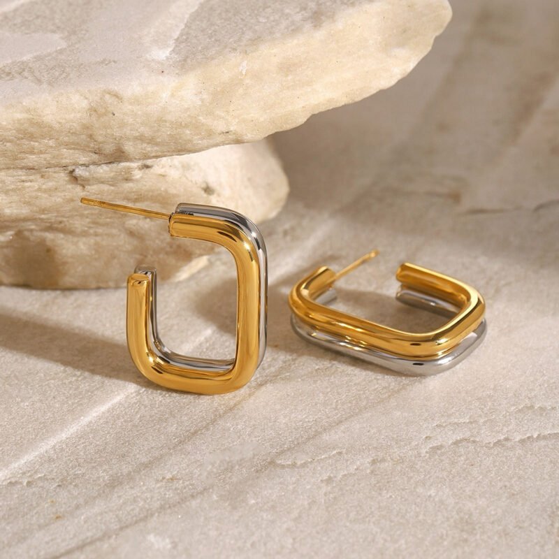 18K gold double-layer geometric earrings with gold and silver contrast design - Image 5