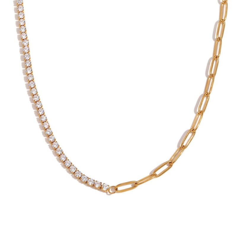 18K gold noble luxury inlaid zircon splicing paper clip chain design necklace bracelet earrings set - Image 5