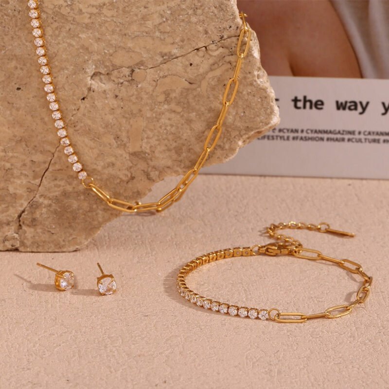 18K gold noble luxury inlaid zircon splicing paper clip chain design necklace bracelet earrings set - Image 6