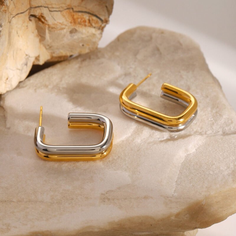 18K gold double-layer geometric earrings with gold and silver contrast design - Image 6